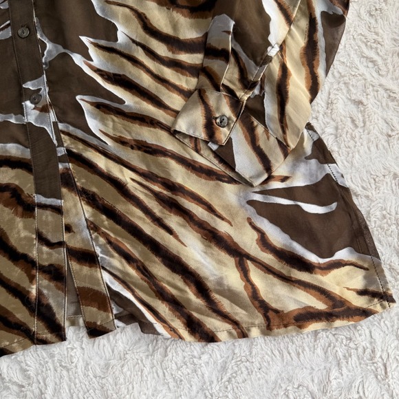 Sharon Young Tiger Zebra Silk Sheer Button Down Blouse Animal Print Brown M - Picture 10 of 14